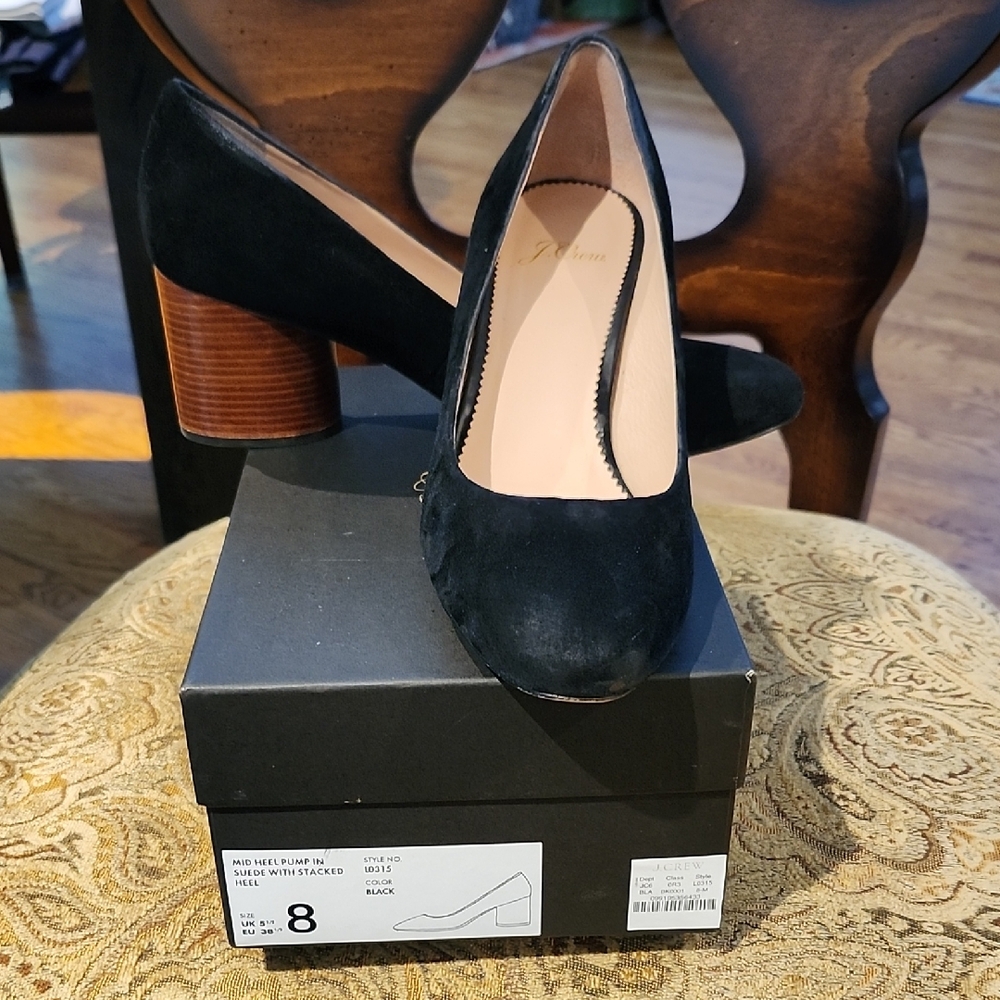 J. Crew Mid Heel In Black Suede Stacked Heel